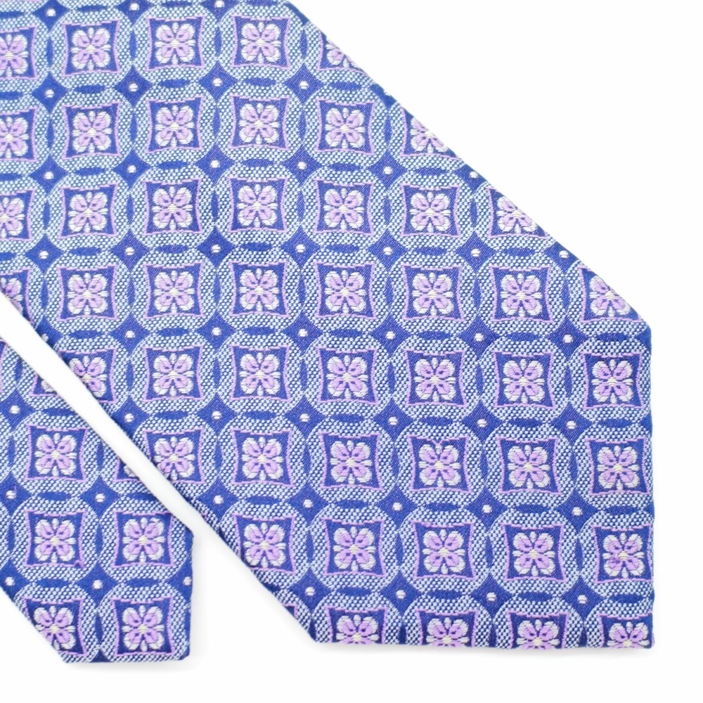 Joseph Abboud Blue Pinkl Floral Geometric Woven Silk Tie